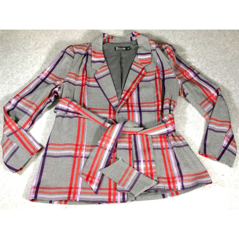 7th Avenue Design Studio Blazer M Red Plaid Belt Stretch Open Front Notch Jacket